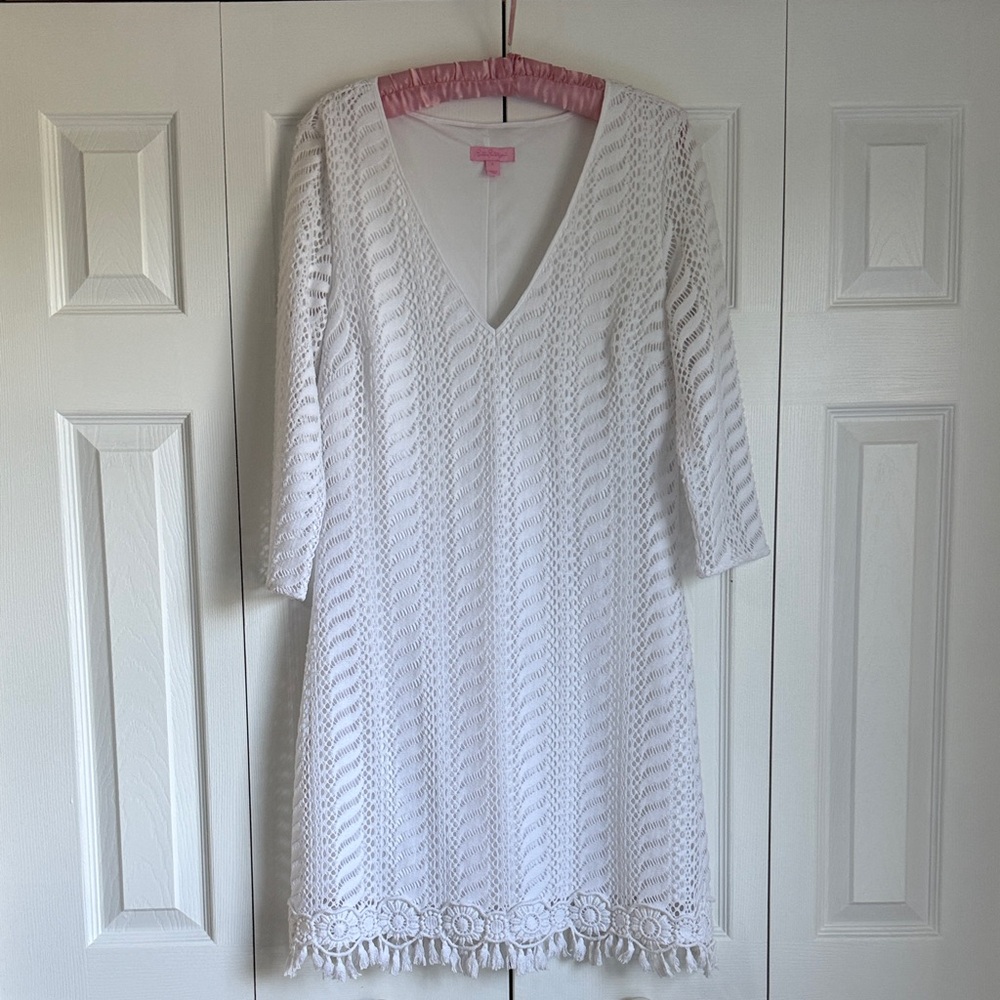 Lilly Pulitzer White Crochet Dress, Long Sleeve With Fringe Hem